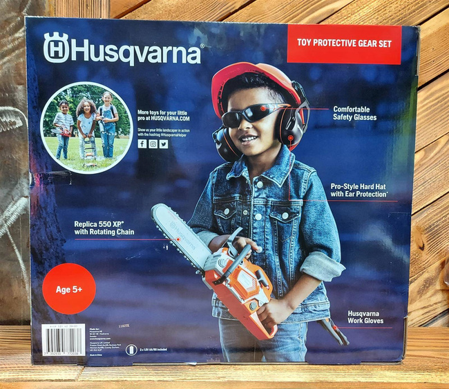 Zabawka zestaw pilarka kask rękawice okulary słuch