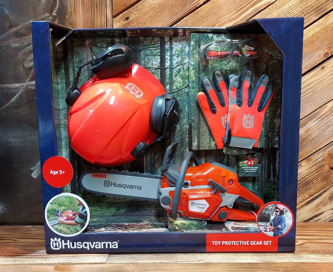 Zabawka zestaw pilarka kask rękawice okulary słuch